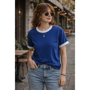 Vintage Sportswear Ringer T-Shirt Royal Blue White Trim Made in USA Polyester S